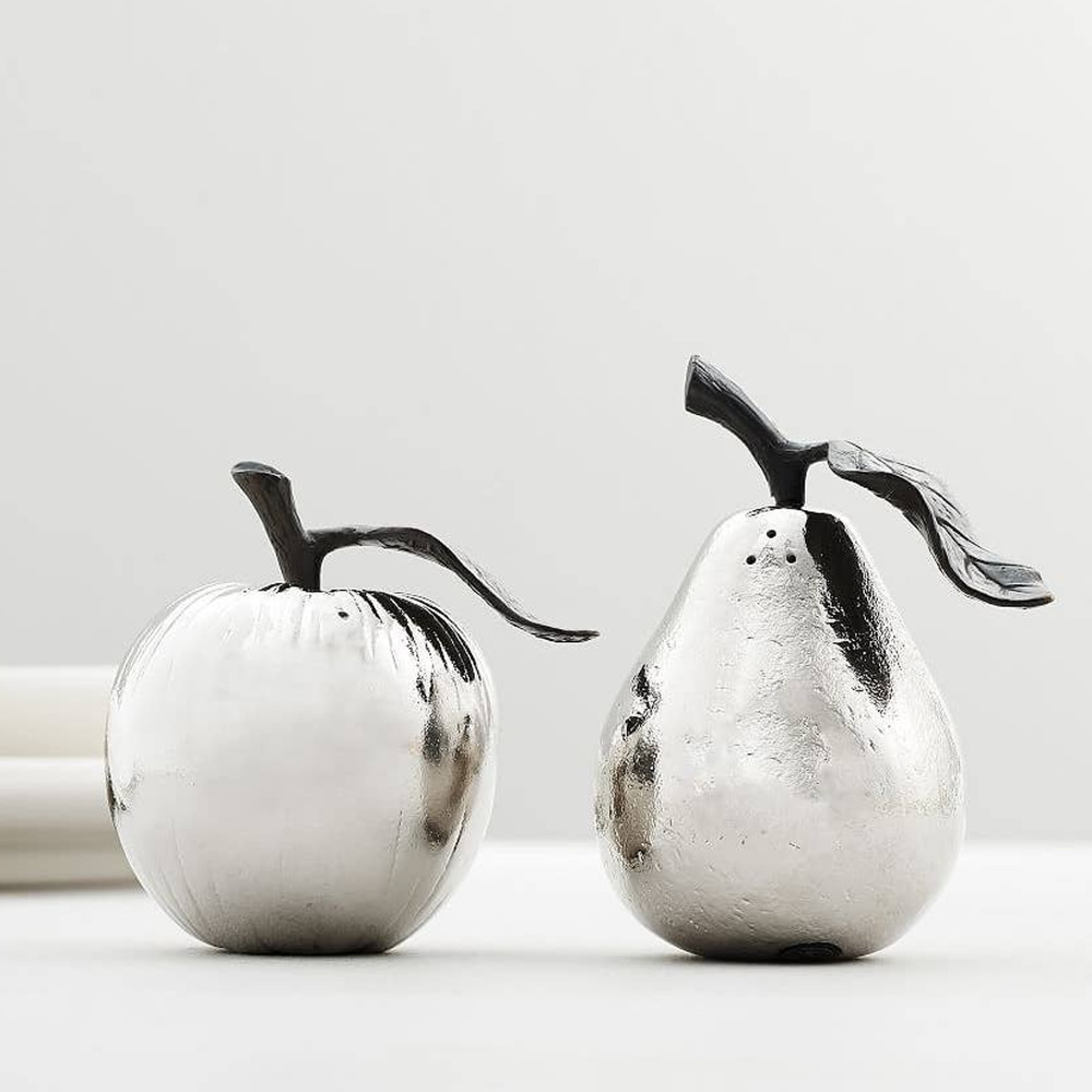 POTTERY BARN Apple & Pear Salt & Pepper Shakers Tabletop Silver HOLIDAY Decor 🍁